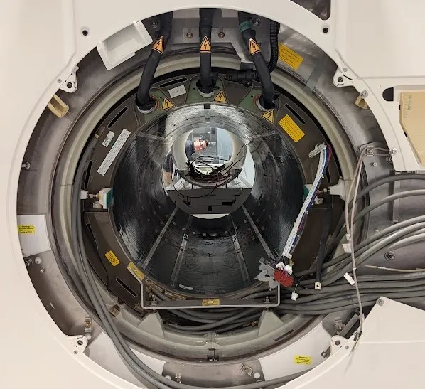 The June MRI machine opened and showing the gradient coils